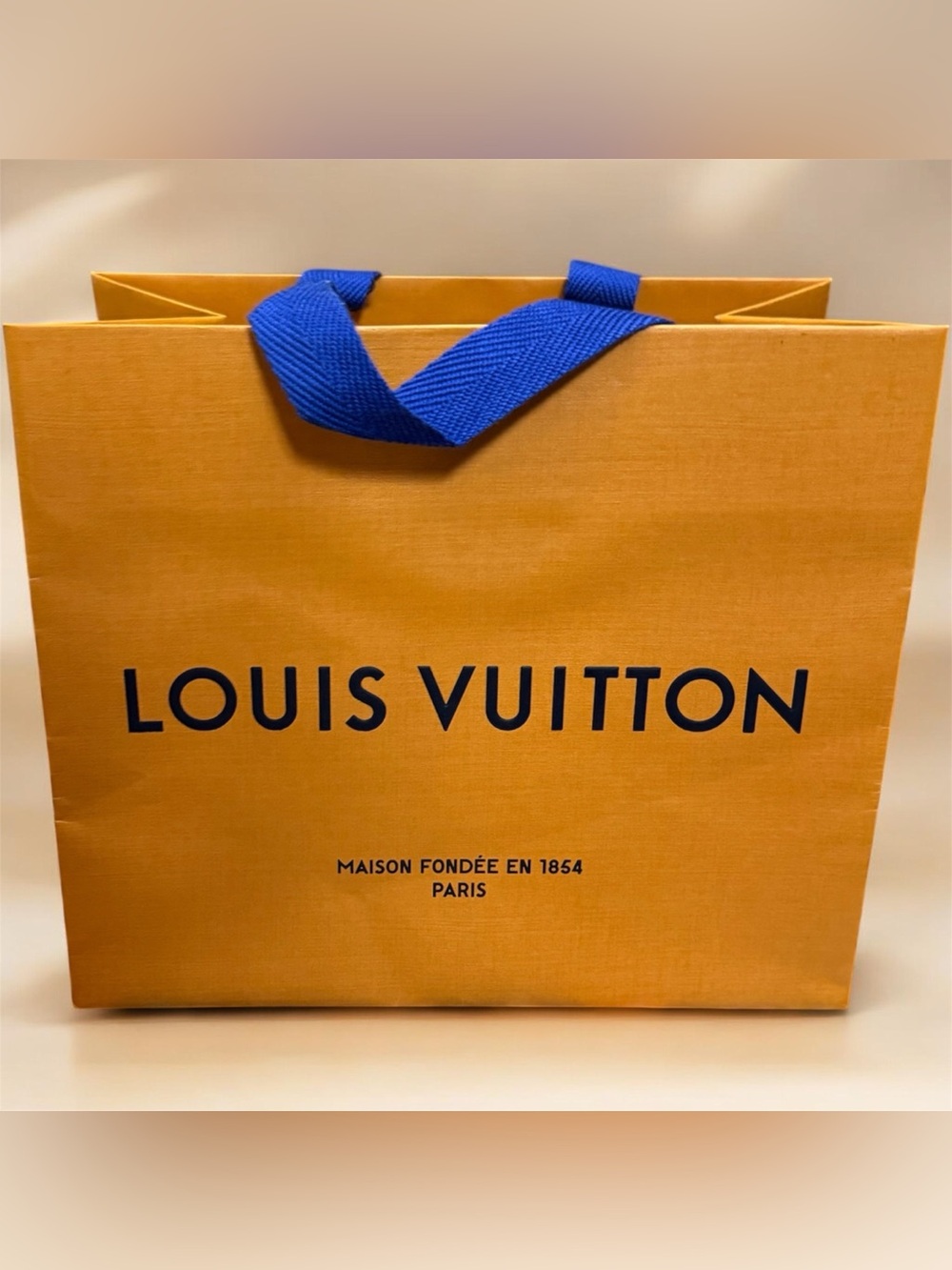 Authentic Louis Vuitton Orange Medium Gift Shopping Bag Blue Ribbon Handles